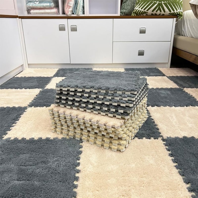 BXEBUI 12pcs Carpet Squares Puzzle Floor Mat, Plush Interlocking Carpet Tiles, Anti Slip EVA Foam Jigsaw Floor Tiles, Build A Safe Area for Bedroom Playroom (Beige+Grey) - Image 1